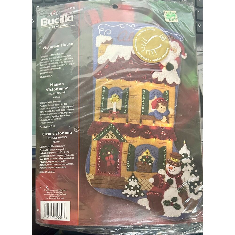 Bucilla Victorian House Felt Christmas Stocking Kit #85309 With Lights Vintage